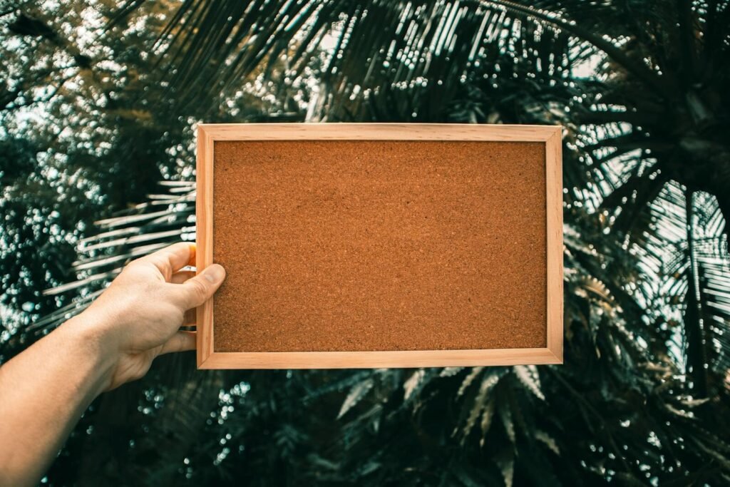 Close-up of an empty bulletin board held by a person with palm trees in the background.
