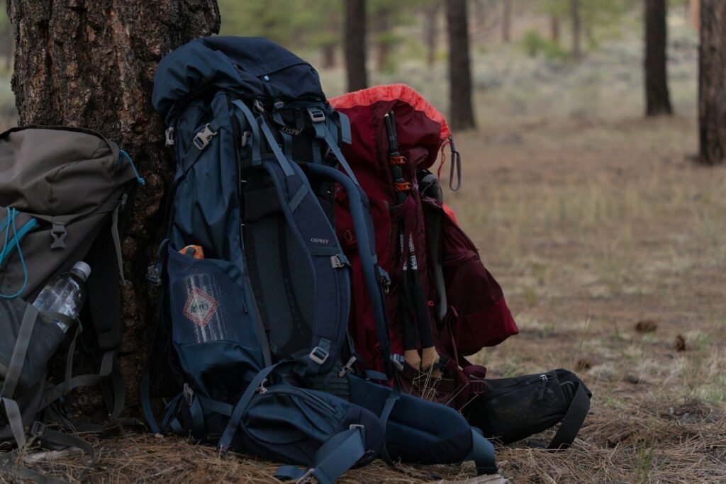 Outdoor Gear That Actually Holds Up in Harsh Conditions 3 Several backpacks lean against a tree in a forest.