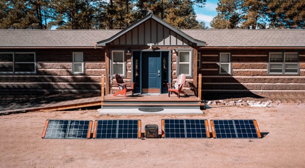 a house with a deck; portable power station