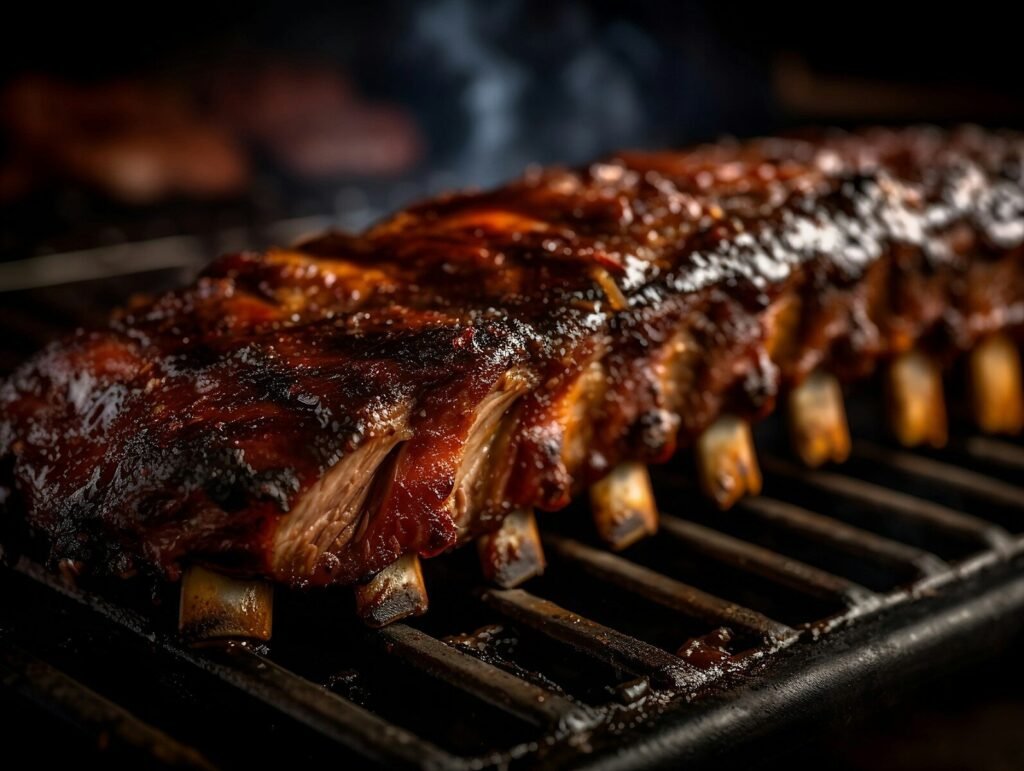 a rack of ribs cooking on a grill; Smoke Ribs Like a Backyard Pitmaster