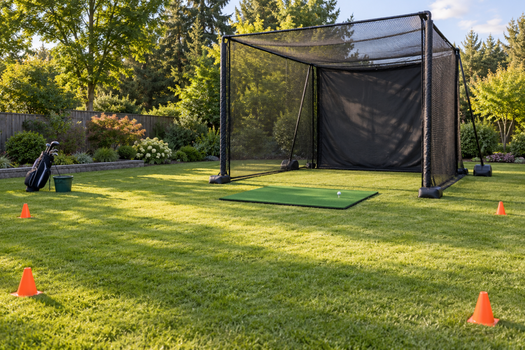 How to Set Up a Home Golf Practice Area 3 Home Golf Practice Area; Backyard golf net with clear swing space