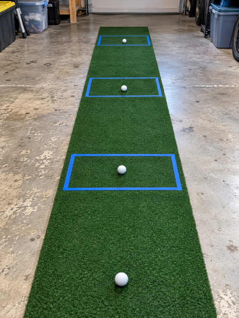 Three blue tape target zones on a putting mat for practicing distance control.
